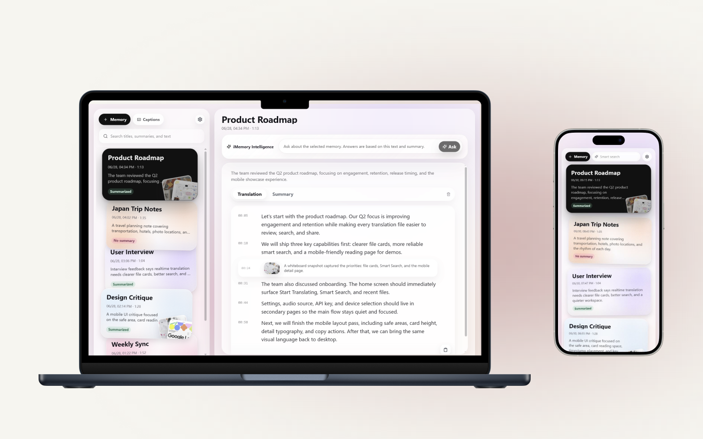 Aova desktop and mobile interfaces showing memories, transcripts, and summaries