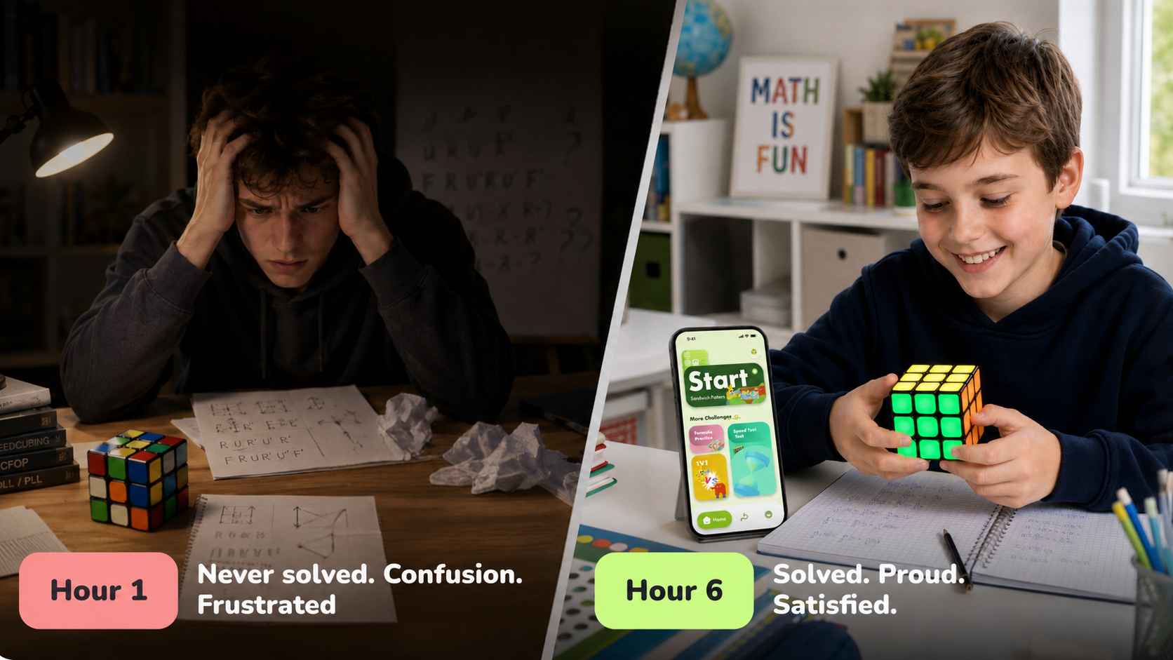 LiberCube learning experience shown before and after guided practice